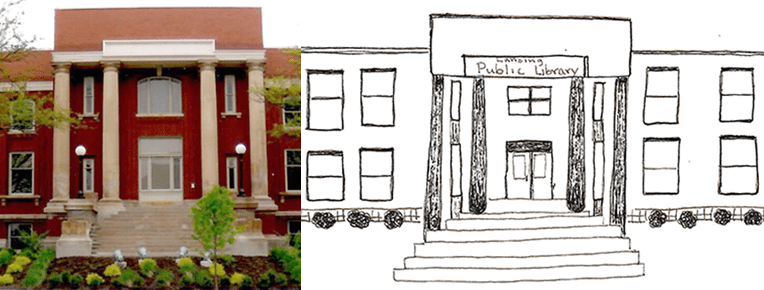 photo, then author's drawing of the Old Lansing, Michigan Public Library