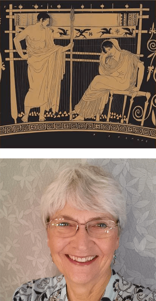 detail of Penelope on a Greek urn, and author Linda Middlestadt