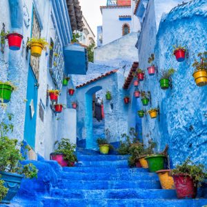 A painted blue stairway speckled with multicolored potted plants in Chefchaouen, Morocco.