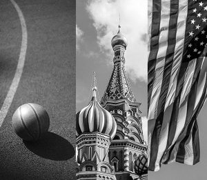 collage image of a basketball on a court, the kremlin, and portion of an American flag