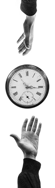 two hands reaching for a clock