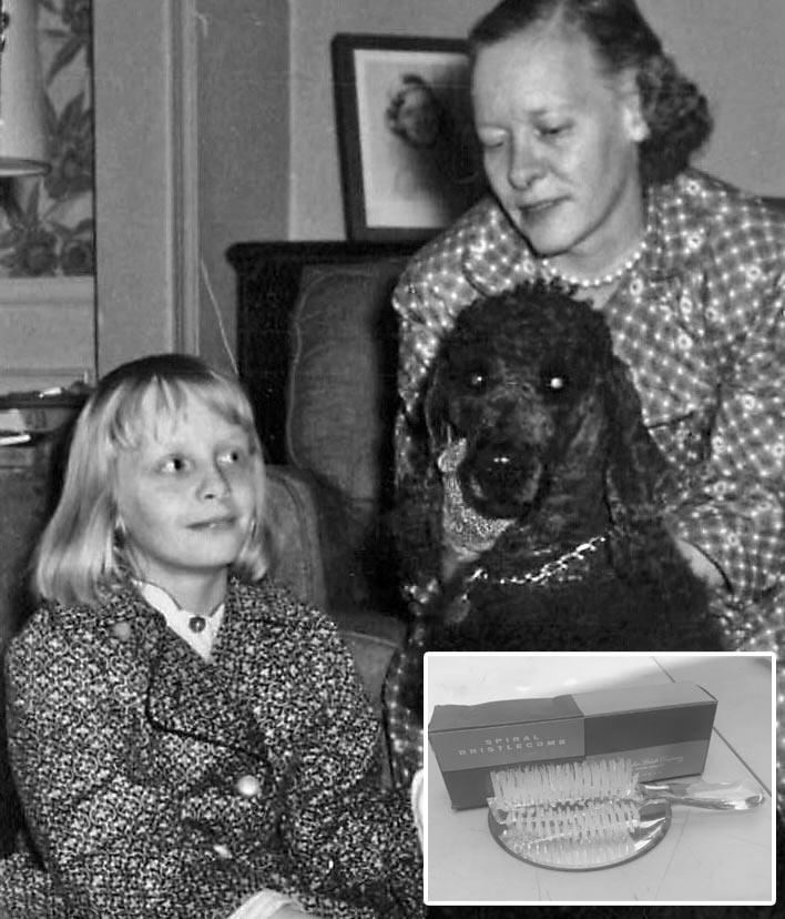 Sugie Weiss and her mother and their poodle, Saucy. Inset: hairbrush 