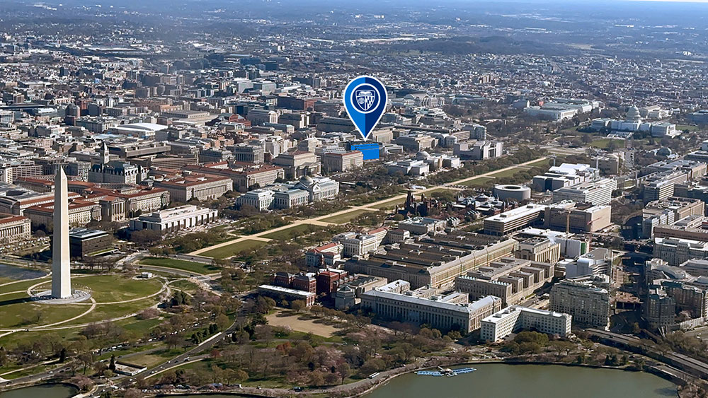 Aerial view of D.C., national mall, with 555 Penn highlighted