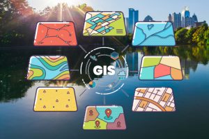 The letters GIS surrounded by graphics of different kinds of maps