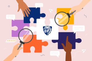 graphic of puzzle pieces, hands, 2 magnifying glasses, and the JHU logo