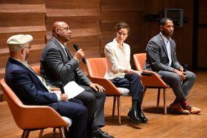 Silver Dollar Road panel, left to right: Lawrence Jackson, Raoul Peck (director), Lizzie Presser, Marcus A. R. Childress. Photo by Will Kirk.