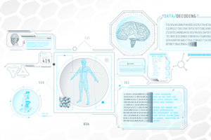 Bioinformatics graphic, showing code, a diagram of a human body, drawing of a telescope and a human brain.