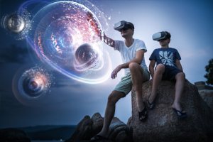 Two people wearing virtual reality headsets, touching virtual shapes in virtual space.