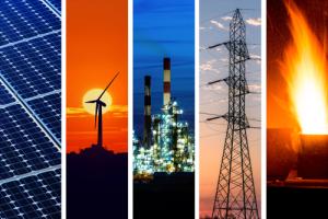 four photos: windmill, power station, radio tower, fire