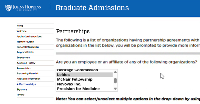 Screenshot of the JHU Application's Partnerships page. Leidos is selected.