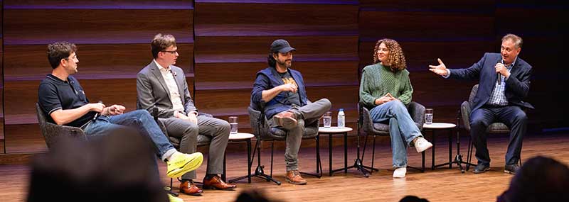 Panel discussion includes (left-right) Luke Kelly-Clyne, Griffin Milsap, director Adam Bhala Lough, Noel King, and JHU's Master's of Film and Media Program Director Sig Libowitz.