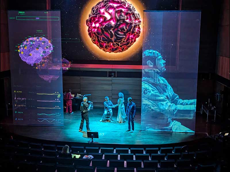 Actors perform in hyper_object, a Nexus award-funded production that incorporated interactive media, Al-driven performance tools, and real-time visualization platforms.