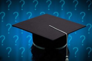 Graphic of the back of someone's head, wearing a graduation cap, with a background of question marks