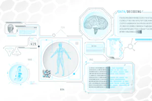 Bioinformatics graphic, showing code, a diagram of a human body, drawing of a telescope and a human brain.