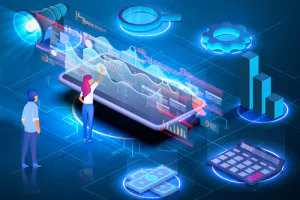 digital drawing of humans working with 3 dimensional graphs and data