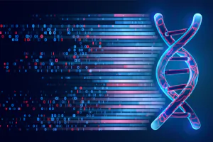 A graphic displaying a DNA double helix.