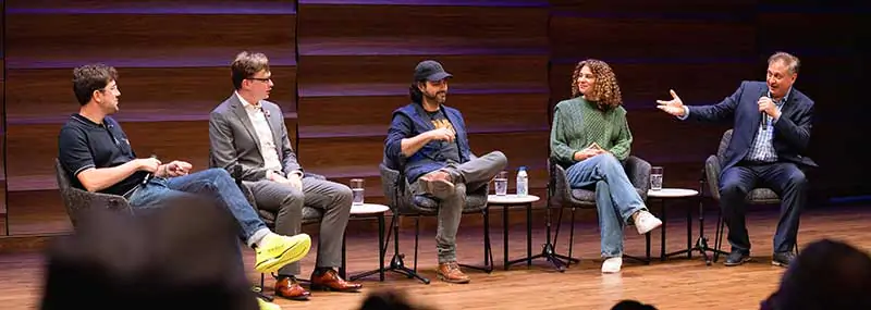 Panel discussion includes (left-right) Luke Kelly-Clyne, Griffin Milsap, director Adam Bhala Lough, Noel King, and JHU's Master's of Film and Media Program Director Sig Libowitz.